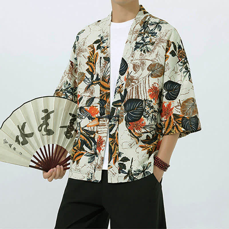 Nimara Ritual Summer Tropical Leaf Print Linen Blend Men's Short Sleeve Kimono