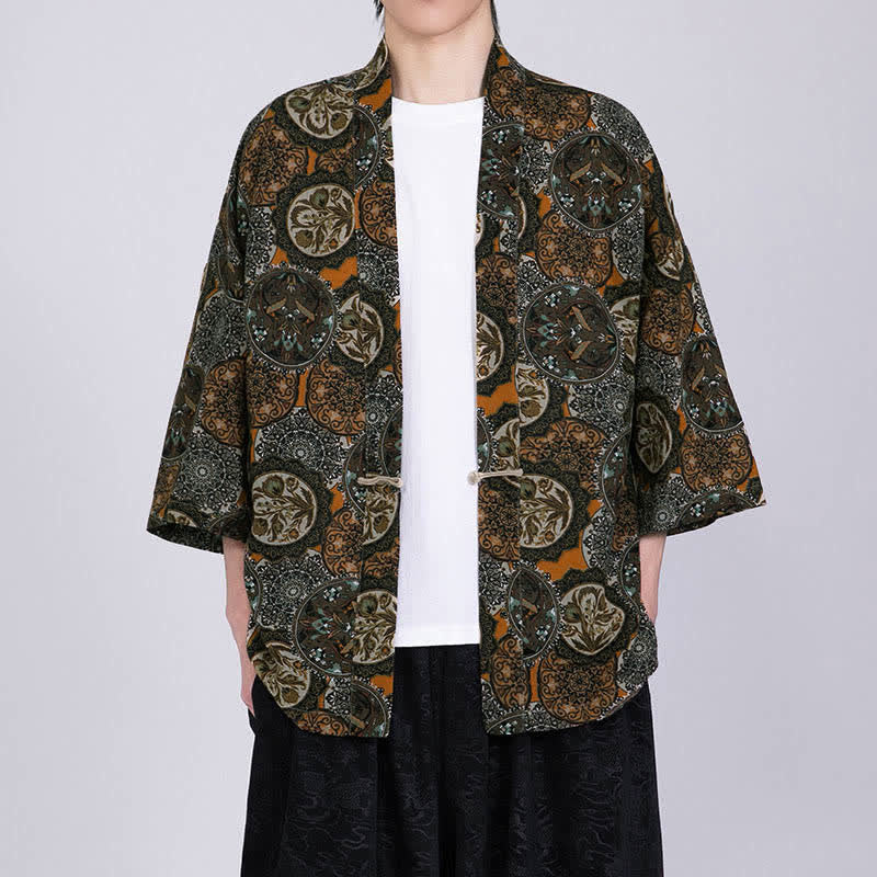 Nimara Ritual Summer Tropical Leaf Print Linen Blend Men's Short Sleeve Kimono