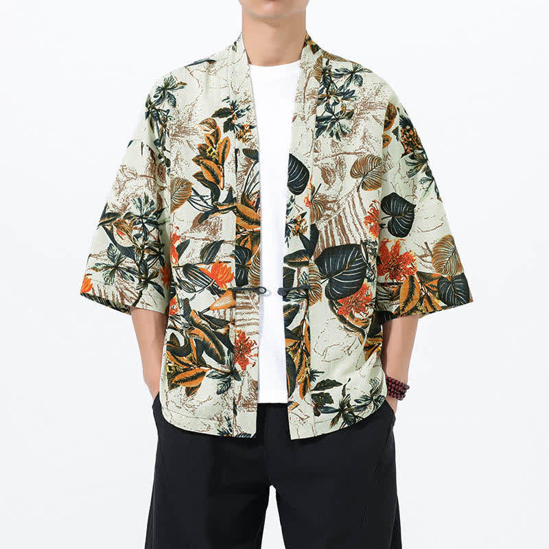 Nimara Ritual Summer Tropical Leaf Print Linen Blend Men's Short Sleeve Kimono