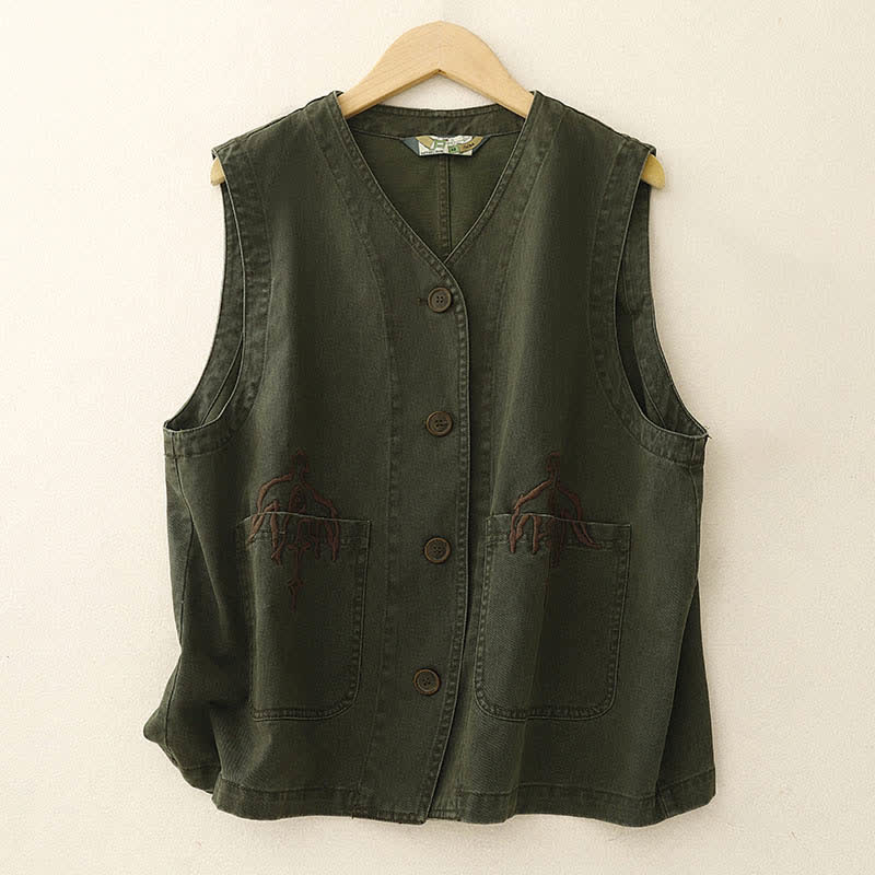 Nimara Ritual Spring Vintage Twill Bird Embroidery Cotton Women's V Neck Cropped Sleeveless Vest With Pockets