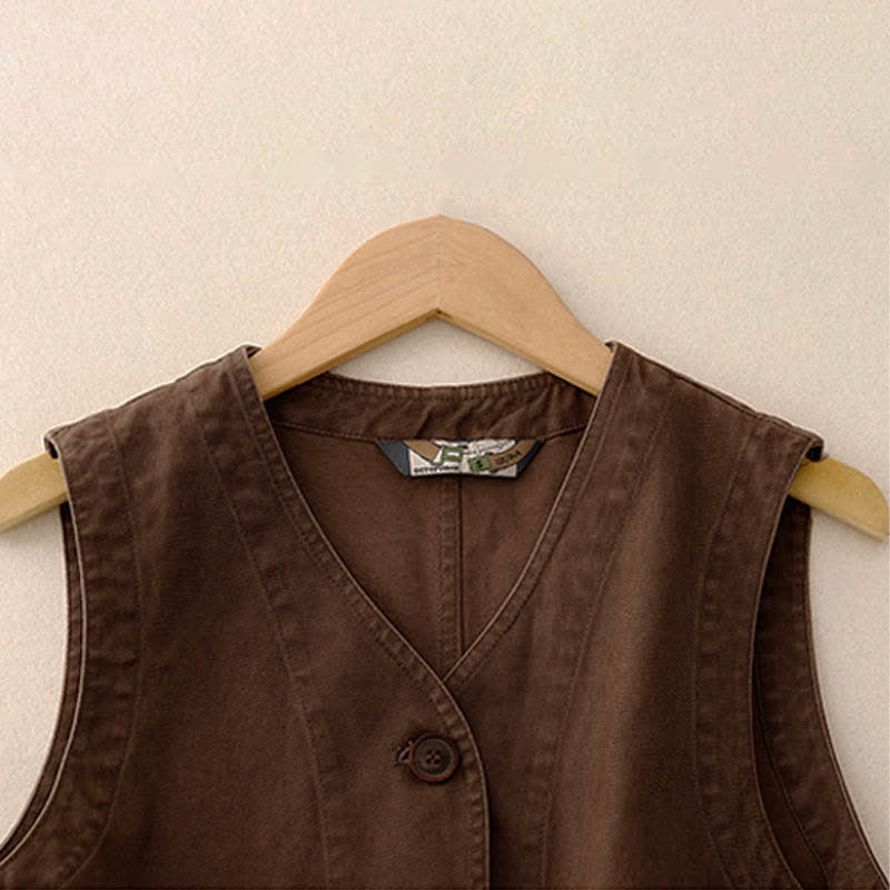 Nimara Ritual Spring Vintage Twill Bird Embroidery Cotton Women's V Neck Cropped Sleeveless Vest With Pockets