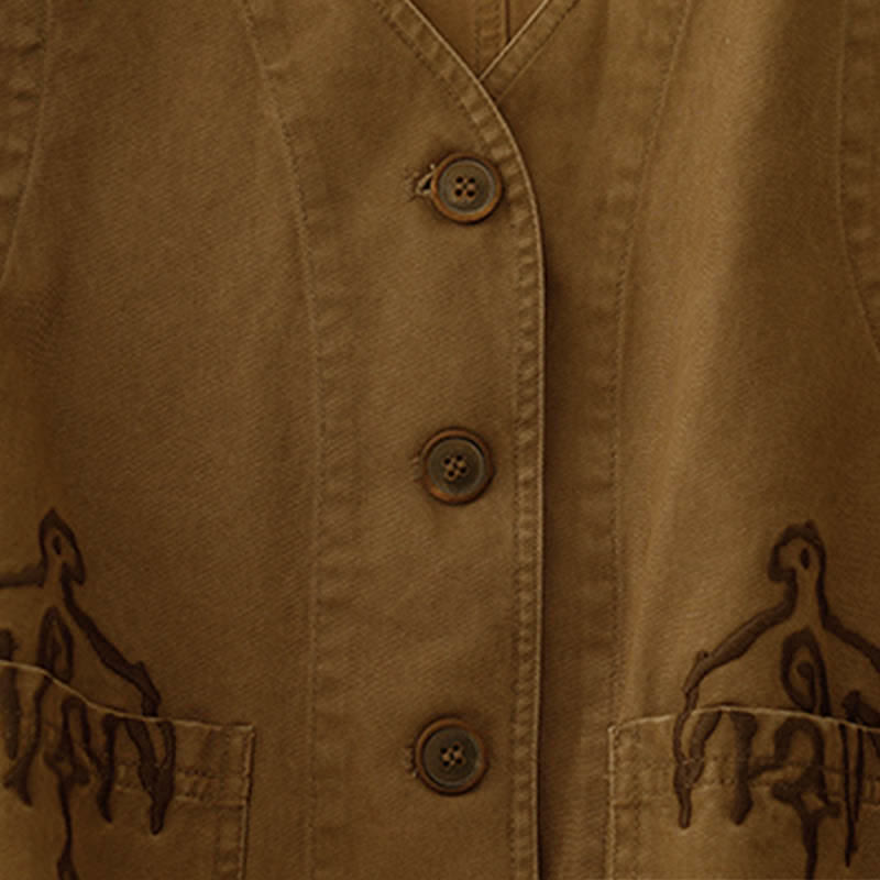 Nimara Ritual Spring Vintage Twill Bird Embroidery Cotton Women's V Neck Cropped Sleeveless Vest With Pockets