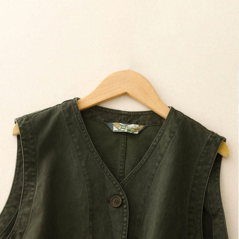Nimara Ritual Spring Vintage Twill Bird Embroidery Cotton Women's V Neck Cropped Sleeveless Vest With Pockets