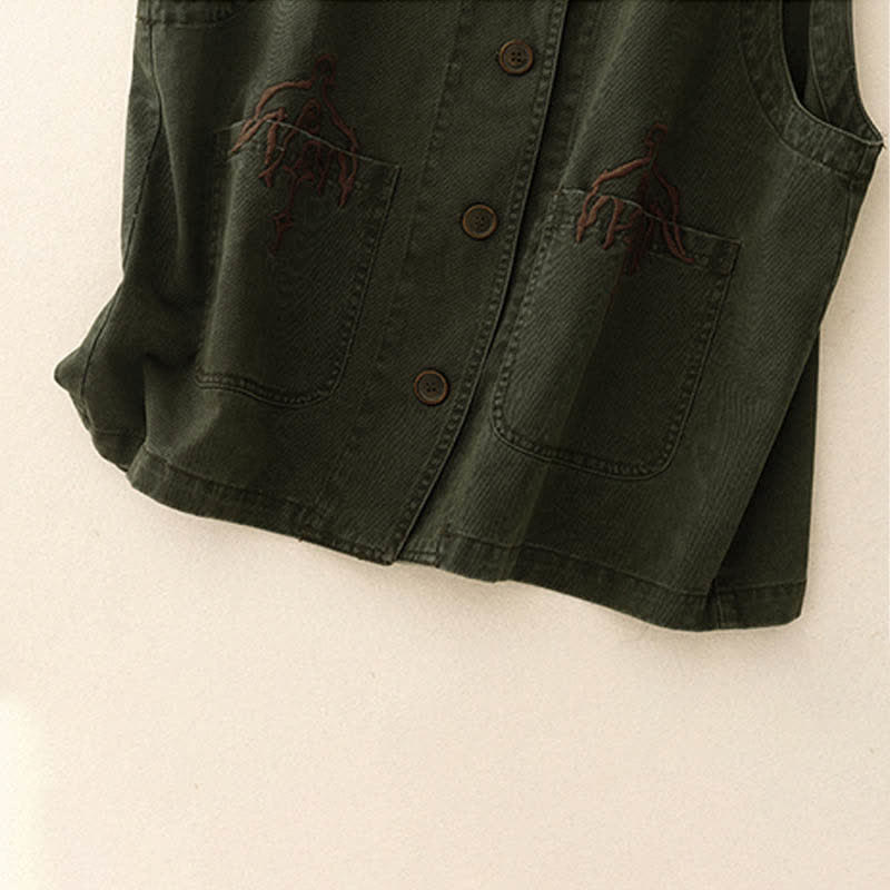 Nimara Ritual Spring Vintage Twill Bird Embroidery Cotton Women's V Neck Cropped Sleeveless Vest With Pockets