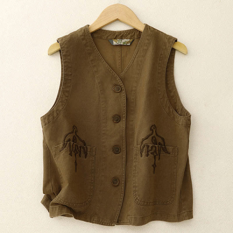 Nimara Ritual Spring Vintage Twill Bird Embroidery Cotton Women's V Neck Cropped Sleeveless Vest With Pockets