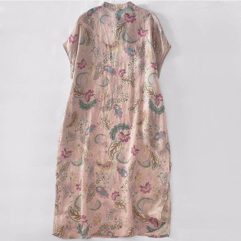 Nimara Ritual Summer Vintage Paisley Floral Mandarin Collar Women's Short Sleeve Dresses With Pockets