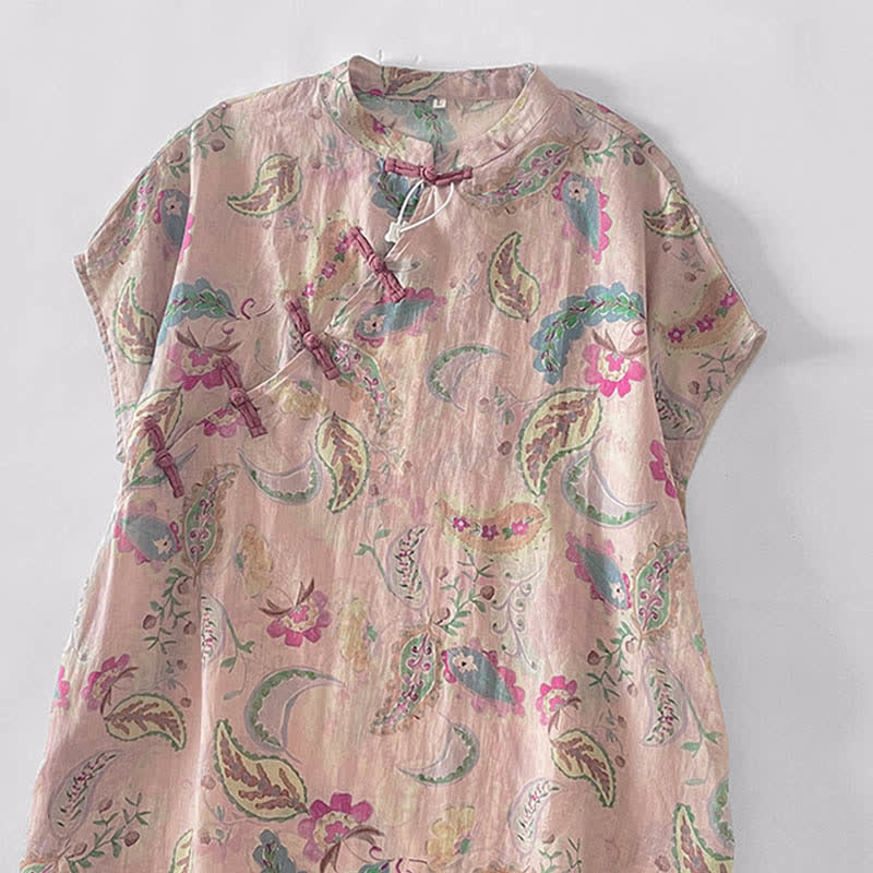 Nimara Ritual Summer Vintage Paisley Floral Mandarin Collar Women's Short Sleeve Dresses With Pockets