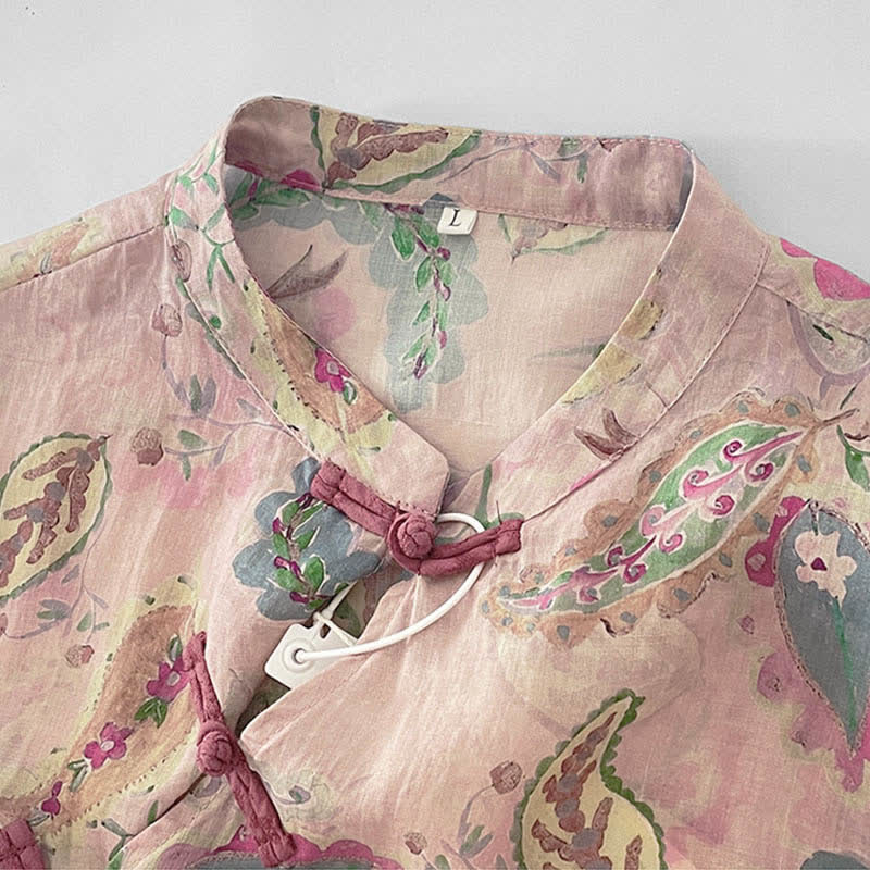 Nimara Ritual Summer Vintage Paisley Floral Mandarin Collar Women's Short Sleeve Dresses With Pockets
