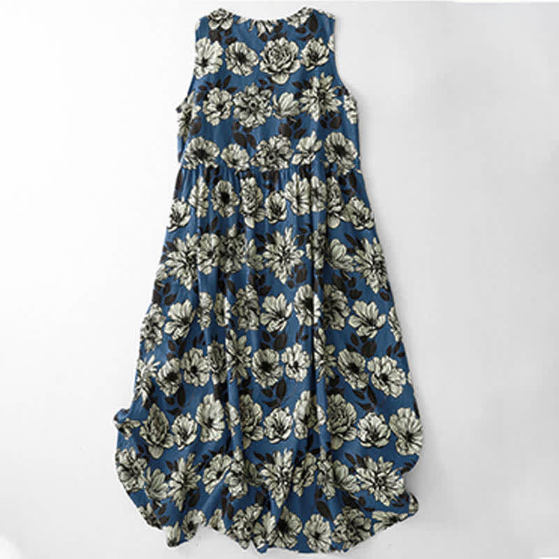 Nimara Ritual Summer Large Floral Crew Neck Women's Sleeveless Below Knee Dress With Pockets