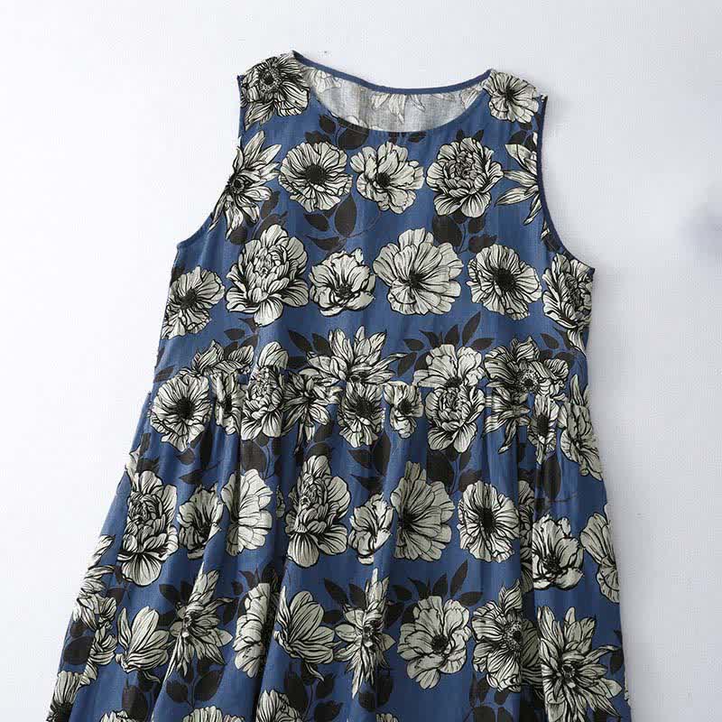 Nimara Ritual Summer Large Floral Crew Neck Women's Sleeveless Below Knee Dress With Pockets
