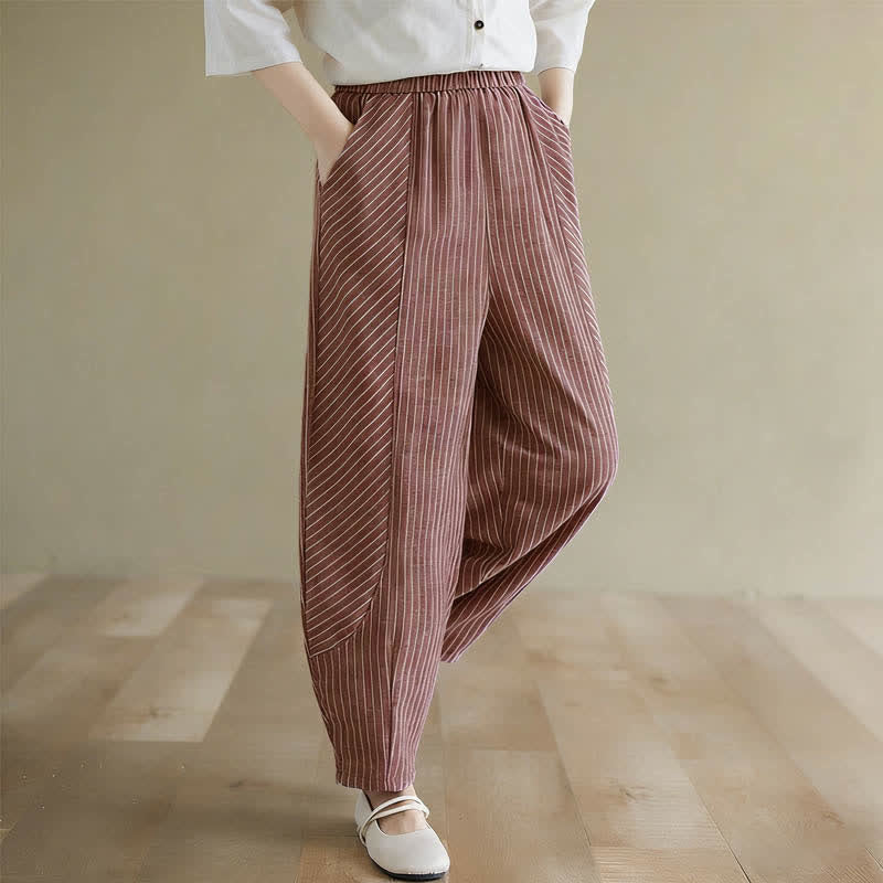 Nimara Ritual Summer Casual Striped Linen Cotton Women's Tapered Pants With Pockets