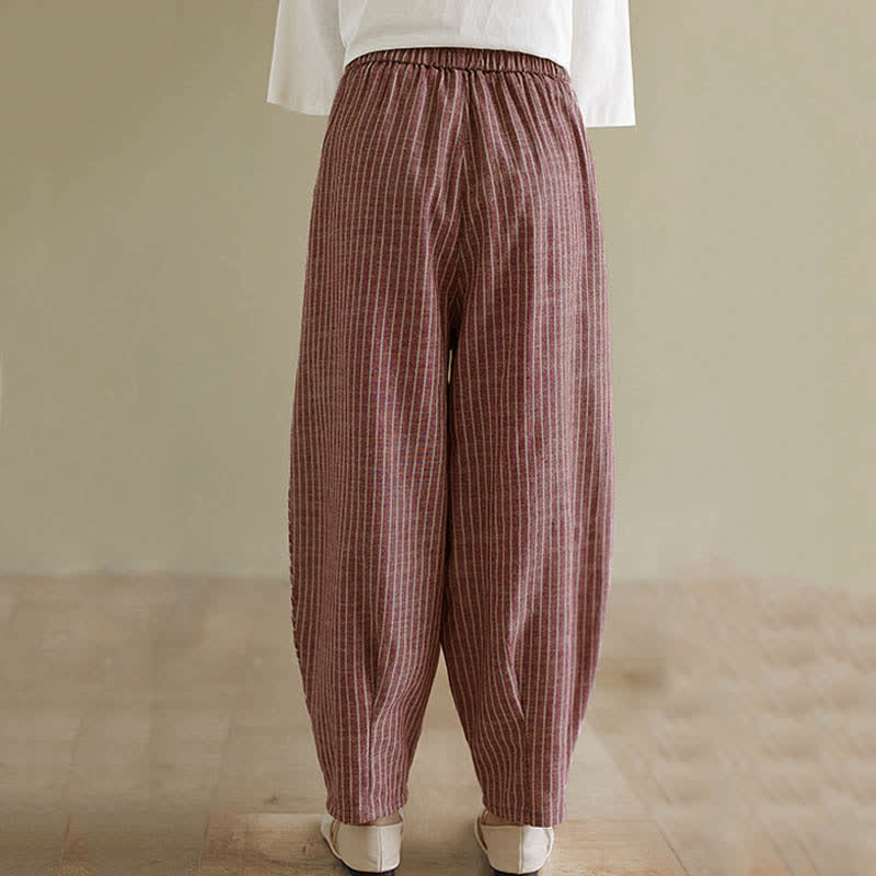 Nimara Ritual Summer Casual Striped Linen Cotton Women's Tapered Pants With Pockets