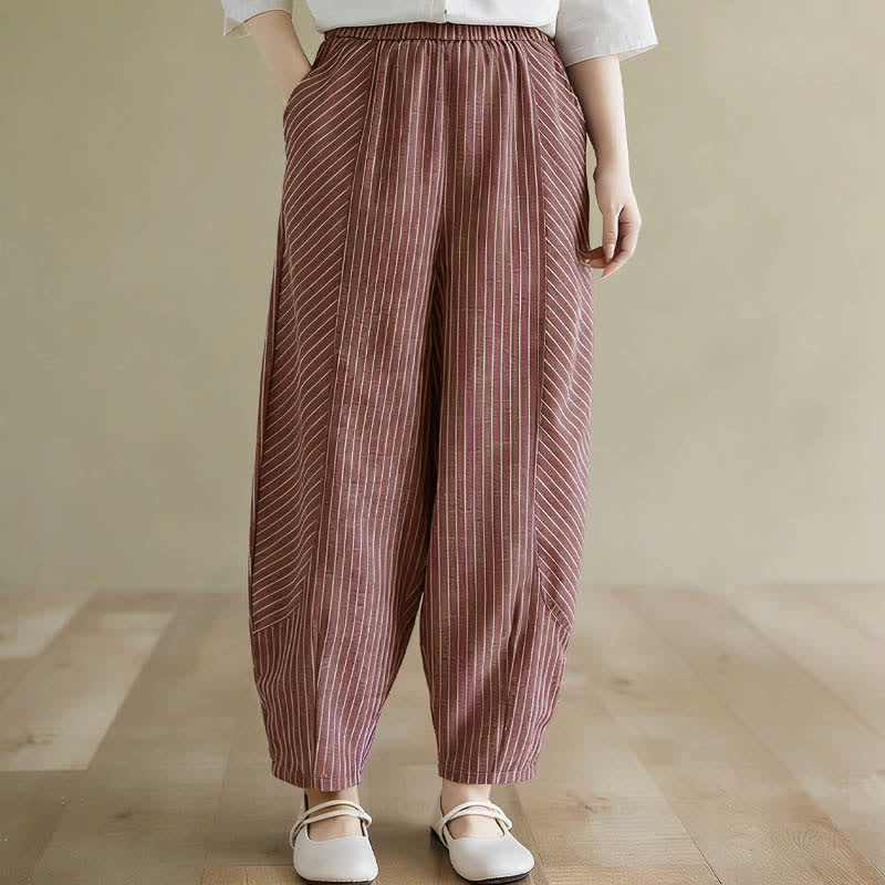 Nimara Ritual Summer Casual Striped Linen Cotton Women's Tapered Pants With Pockets