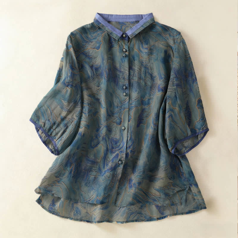 Nimara Ritual Summer Floral Print Button Up Mandarin Collar Chiffon Women's Elbow-Length Sleeve Shirt