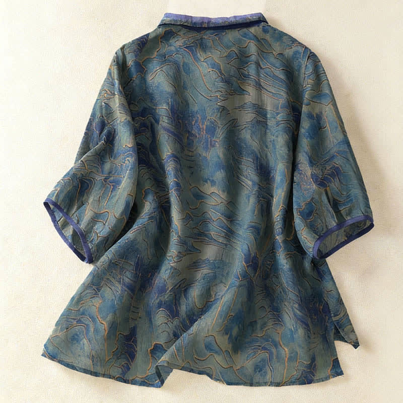 Nimara Ritual Summer Floral Print Button Up Mandarin Collar Chiffon Women's Elbow-Length Sleeve Shirt