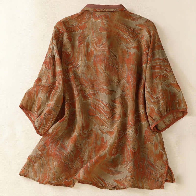 Nimara Ritual Summer Floral Print Button Up Mandarin Collar Chiffon Women's Elbow-Length Sleeve Shirt