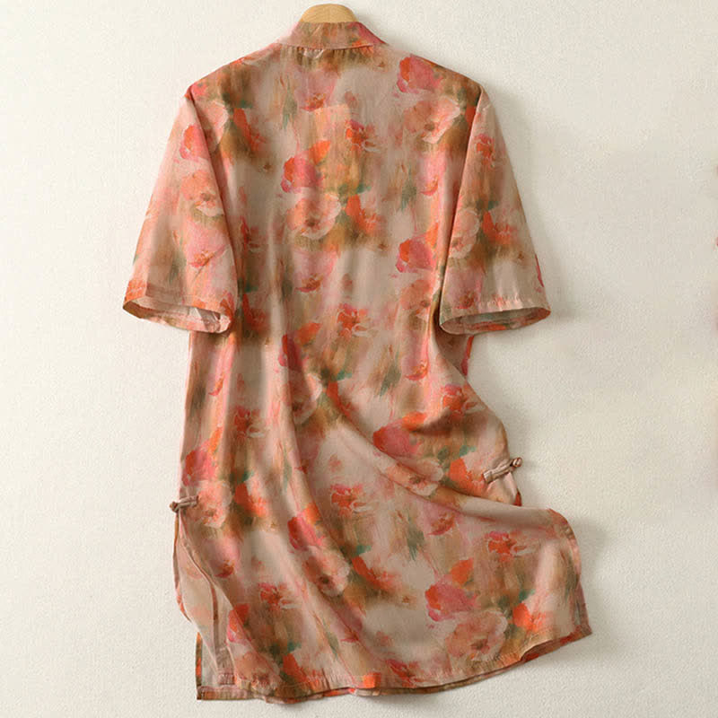 Nimara Ritual Summer Floral Print Mandarin Collar Frog Button Women's Short Sleeve Mini Dress