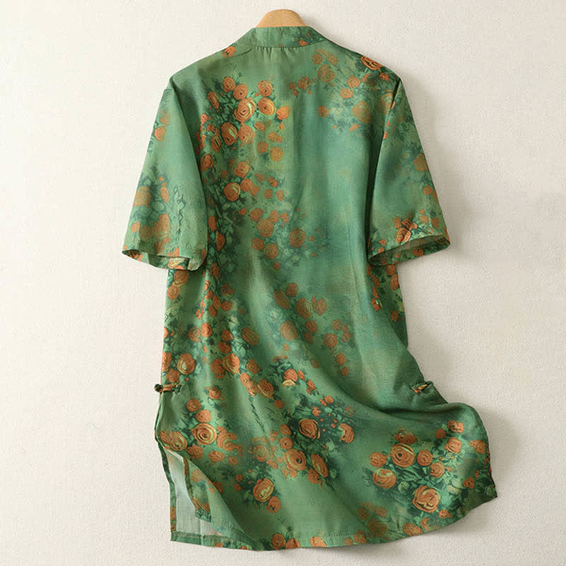 Nimara Ritual Summer Floral Print Mandarin Collar Frog Button Women's Short Sleeve Mini Dress