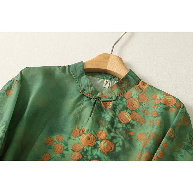 Nimara Ritual Summer Floral Print Mandarin Collar Frog Button Women's Short Sleeve Mini Dress