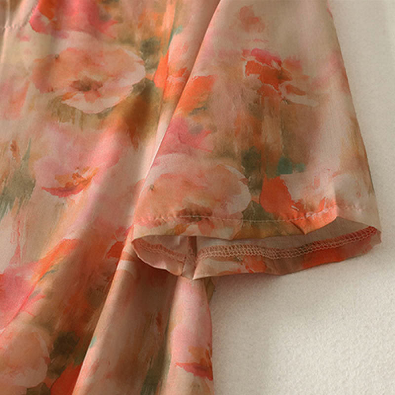 Nimara Ritual Summer Floral Print Mandarin Collar Frog Button Women's Short Sleeve Mini Dress