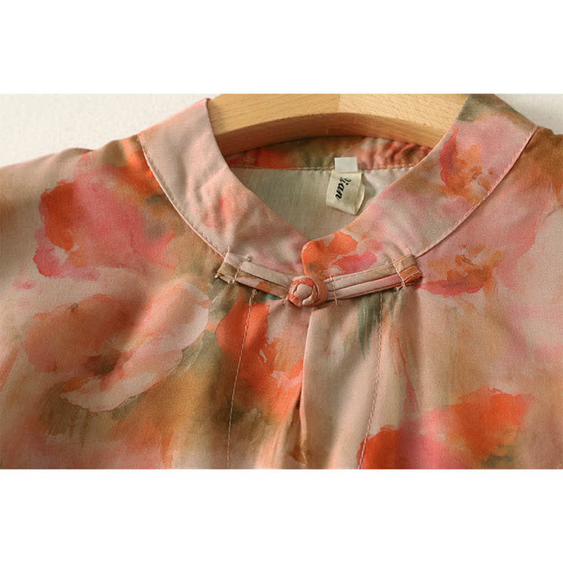 Nimara Ritual Summer Floral Print Mandarin Collar Frog Button Women's Short Sleeve Mini Dress