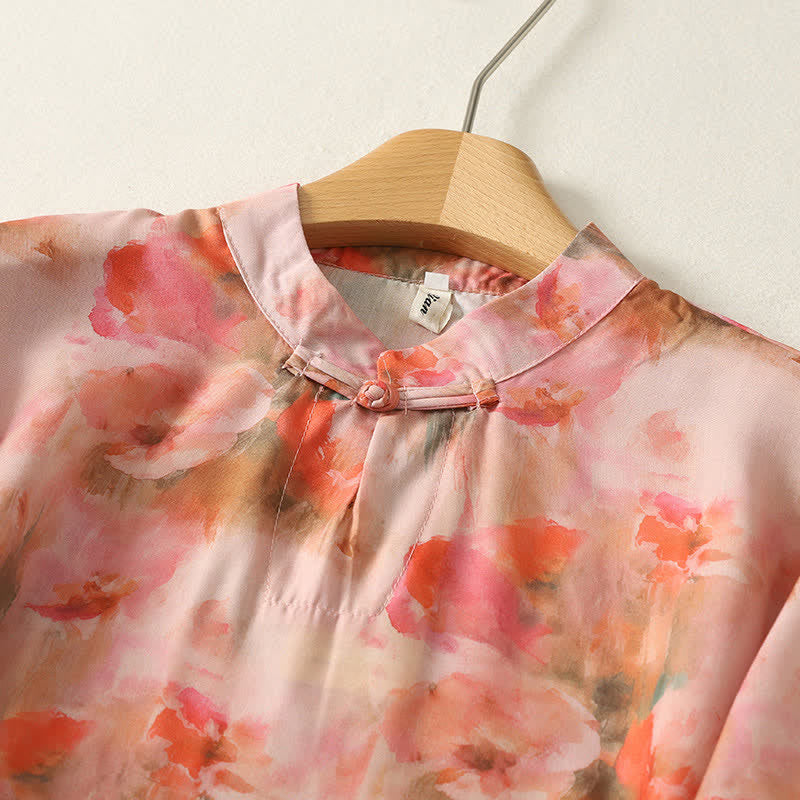 Nimara Ritual Summer Floral Print Mandarin Collar Frog Button Women's Short Sleeve Mini Dress