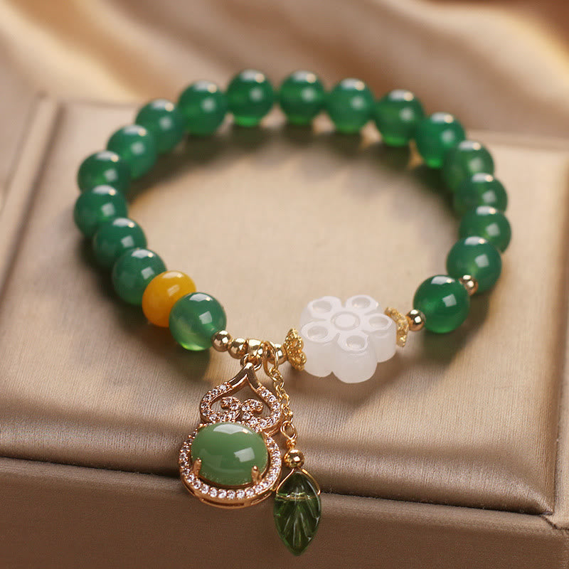 Nimara Ritual Green Agate White Jade Flower Gourd Leaf Charm Support Bracelet