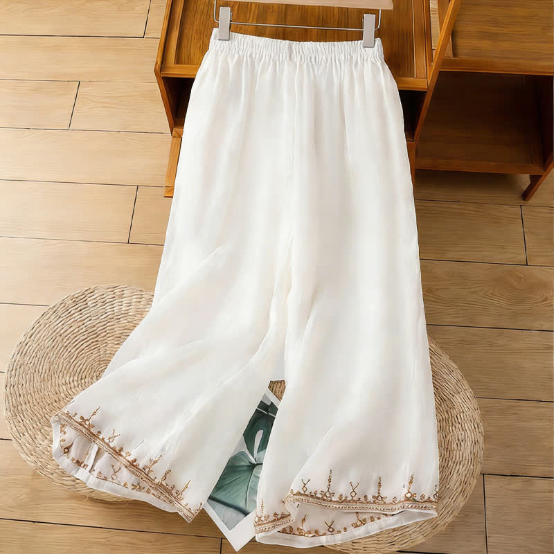 Nimara Ritual Summer Boho Embroidery Solid Women's Wide Leg Pants With Pockets