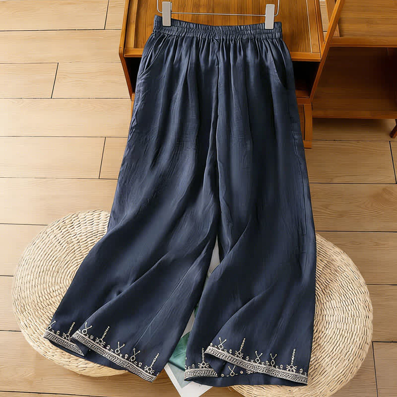 Nimara Ritual Summer Boho Embroidery Solid Women's Wide Leg Pants With Pockets