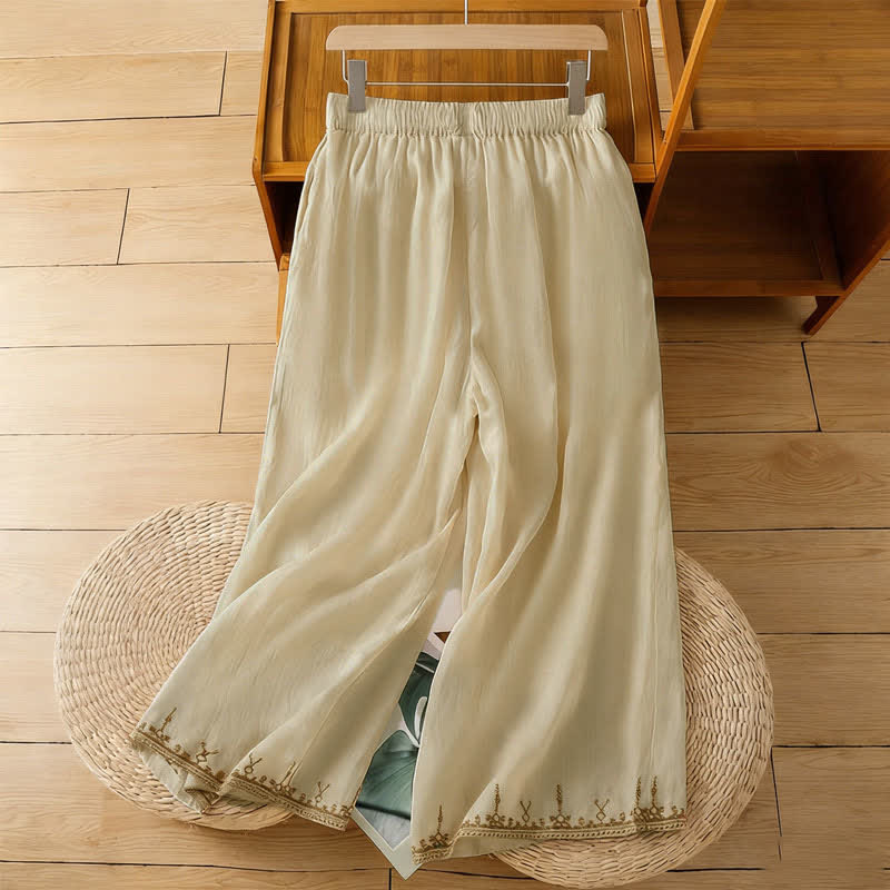 Nimara Ritual Summer Boho Embroidery Solid Women's Wide Leg Pants With Pockets