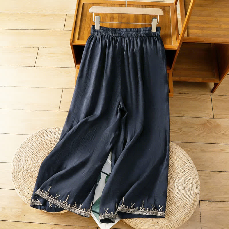 Nimara Ritual Summer Boho Embroidery Solid Women's Wide Leg Pants With Pockets
