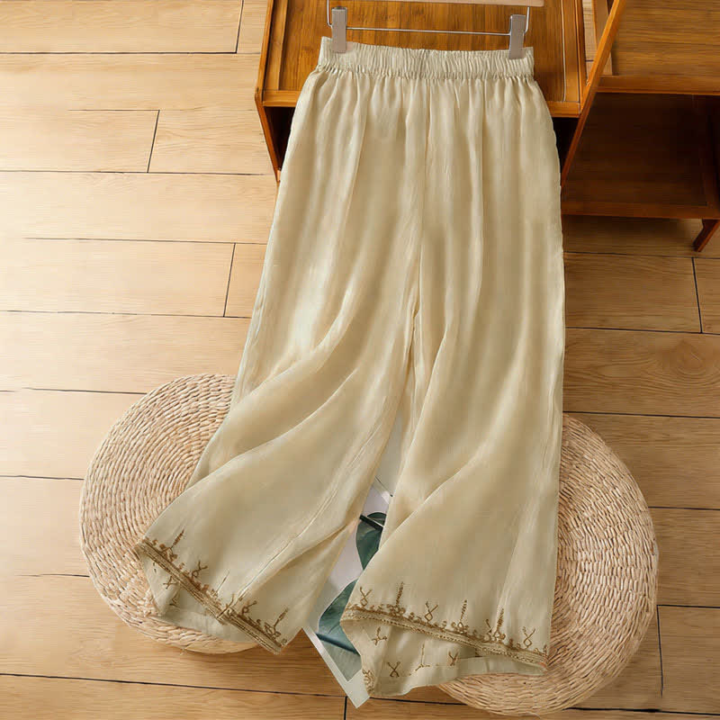 Nimara Ritual Summer Boho Embroidery Solid Women's Wide Leg Pants With Pockets