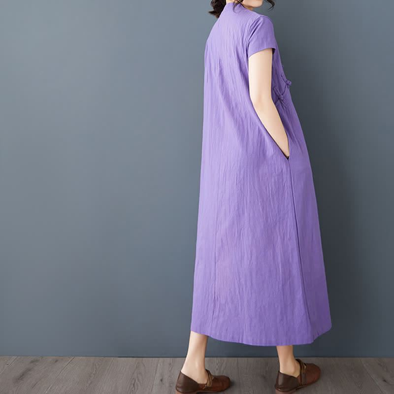 Nimara Ritual Summer Minimalist Mandarin Collar Knot Button Solid Linen Women's Short Sleeve Dress With Pockets