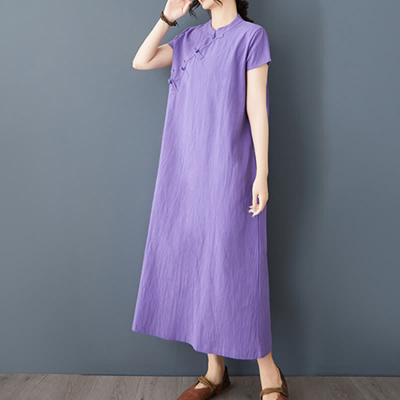 Nimara Ritual Summer Minimalist Mandarin Collar Knot Button Solid Linen Women's Short Sleeve Dress With Pockets