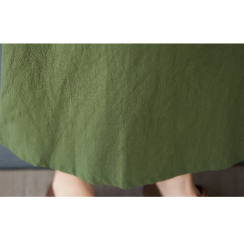 Nimara Ritual Summer Minimalist Mandarin Collar Knot Button Solid Linen Women's Short Sleeve Dress With Pockets