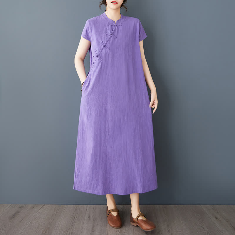 Nimara Ritual Summer Minimalist Mandarin Collar Knot Button Solid Linen Women's Short Sleeve Dress With Pockets