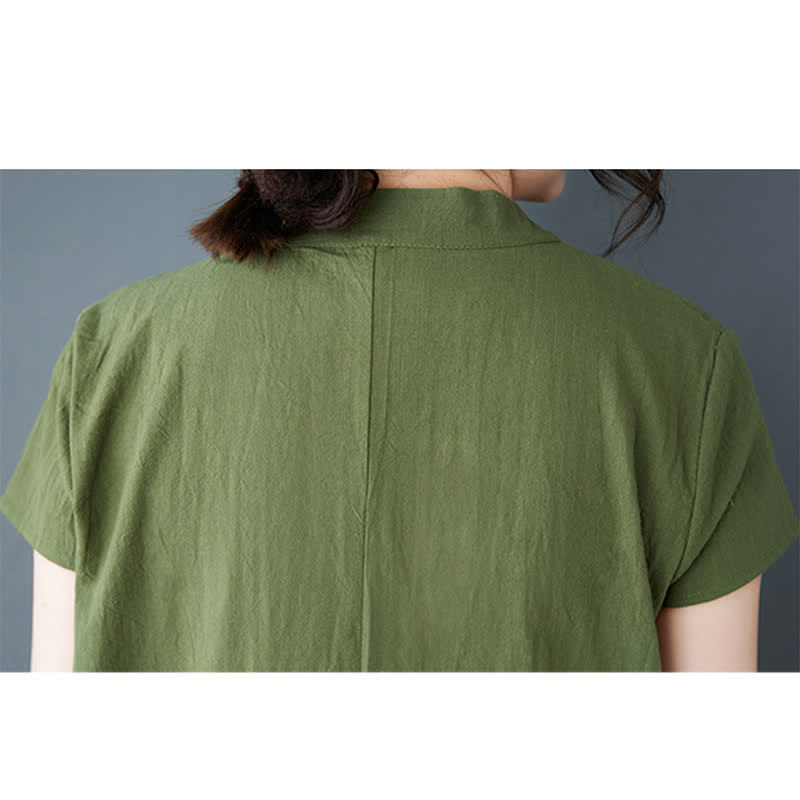 Nimara Ritual Summer Minimalist Mandarin Collar Knot Button Solid Linen Women's Short Sleeve Dress With Pockets