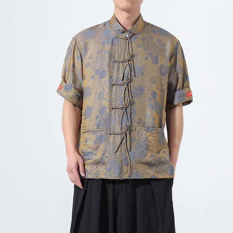 Nimara Ritual Summer Tang Style Mandarin Collar Floral Jacquard Men's Short Sleeve Shirt With Pockets
