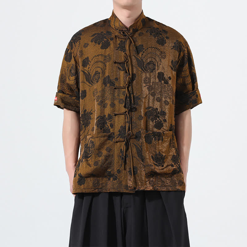 Nimara Ritual Summer Tang Style Mandarin Collar Floral Jacquard Men's Short Sleeve Shirt With Pockets