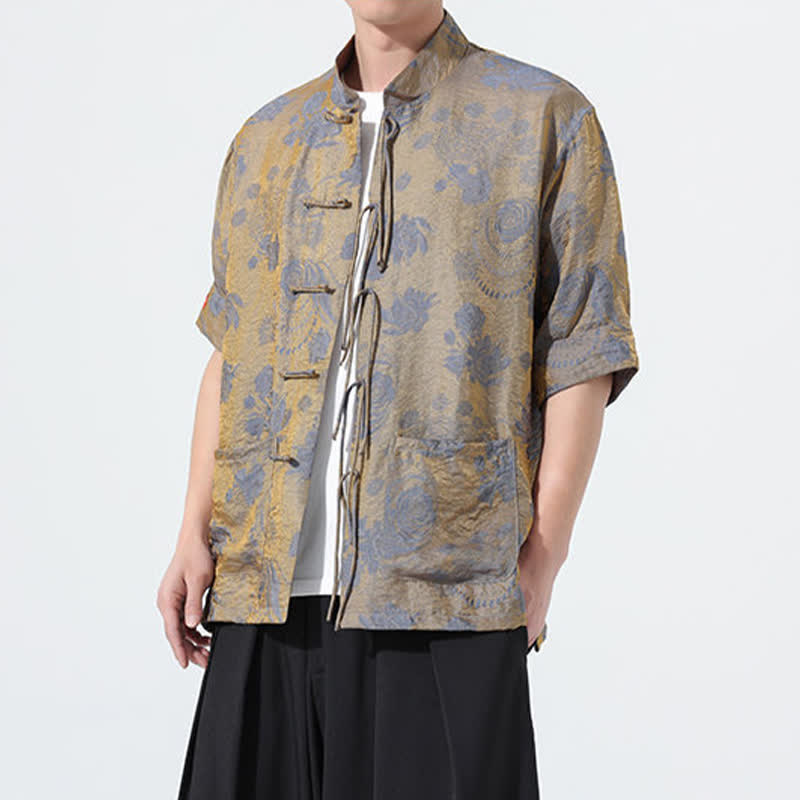 Nimara Ritual Summer Tang Style Mandarin Collar Floral Jacquard Men's Short Sleeve Shirt With Pockets