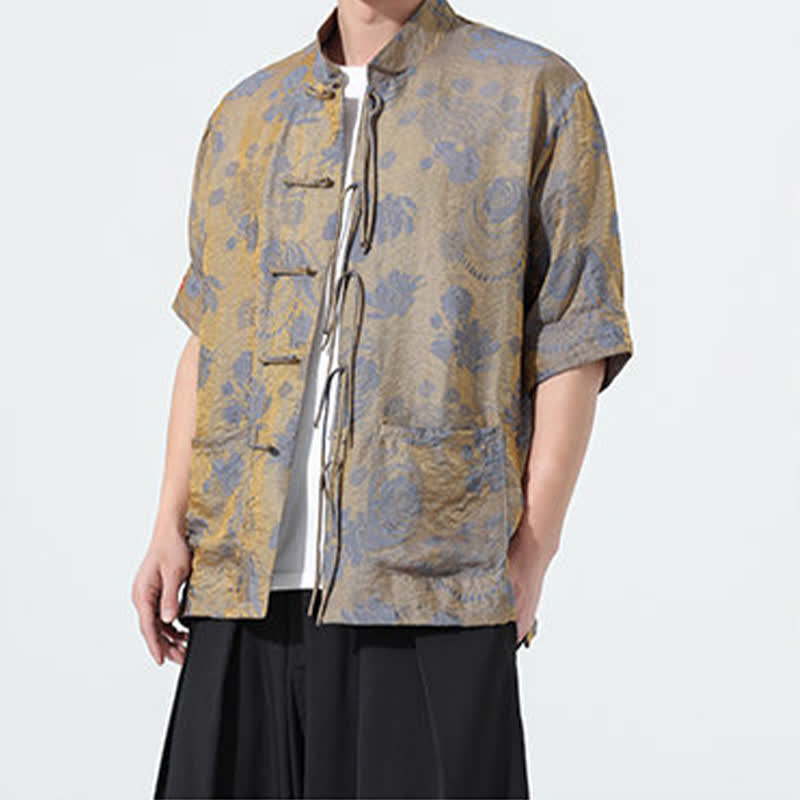 Nimara Ritual Summer Tang Style Mandarin Collar Floral Jacquard Men's Short Sleeve Shirt With Pockets