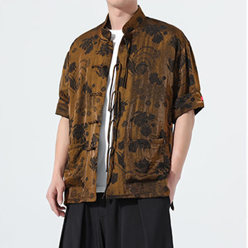 Nimara Ritual Summer Tang Style Mandarin Collar Floral Jacquard Men's Short Sleeve Shirt With Pockets