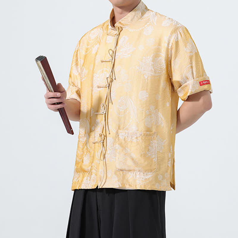 Nimara Ritual Summer Tang Style Mandarin Collar Floral Jacquard Men's Short Sleeve Shirt With Pockets