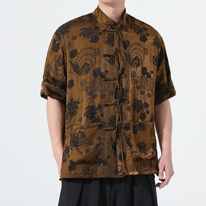 Nimara Ritual Summer Tang Style Mandarin Collar Floral Jacquard Men's Short Sleeve Shirt With Pockets