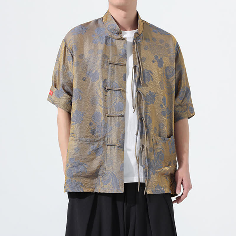 Nimara Ritual Summer Tang Style Mandarin Collar Floral Jacquard Men's Short Sleeve Shirt With Pockets