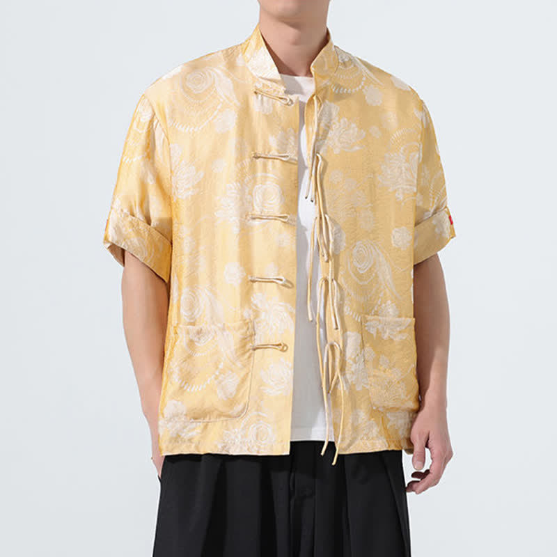 Nimara Ritual Summer Tang Style Mandarin Collar Floral Jacquard Men's Short Sleeve Shirt With Pockets