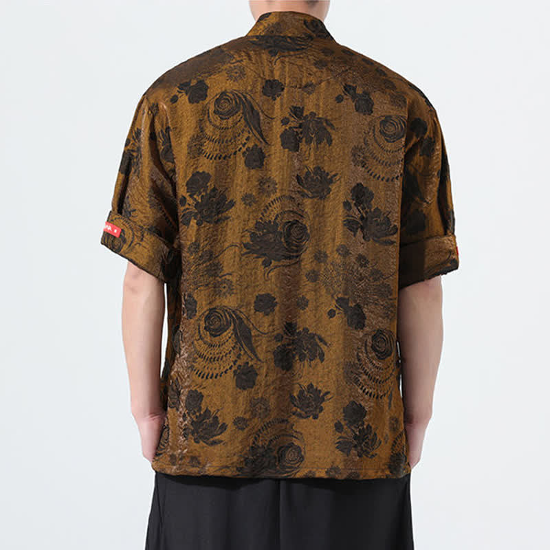 Nimara Ritual Summer Tang Style Mandarin Collar Floral Jacquard Men's Short Sleeve Shirt With Pockets