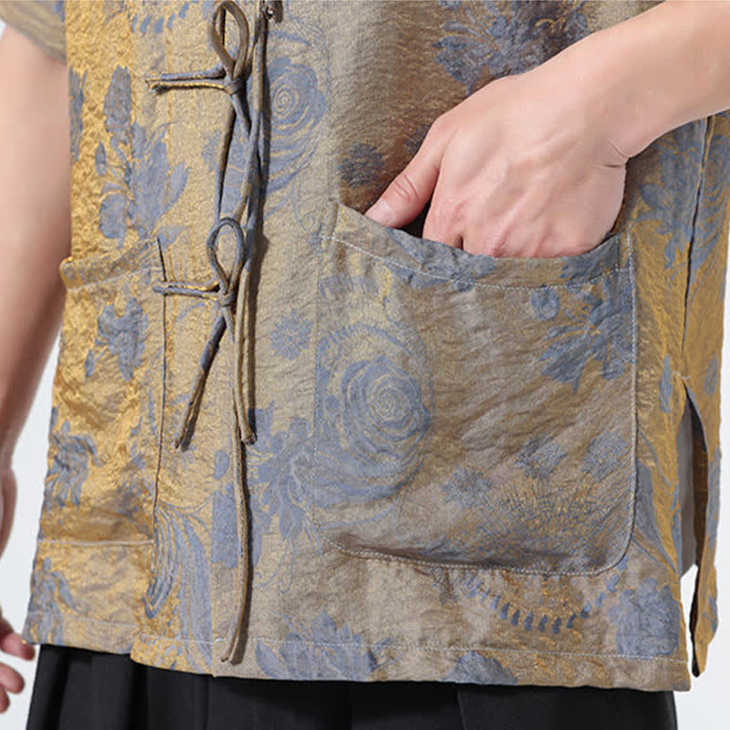 Nimara Ritual Summer Tang Style Mandarin Collar Floral Jacquard Men's Short Sleeve Shirt With Pockets