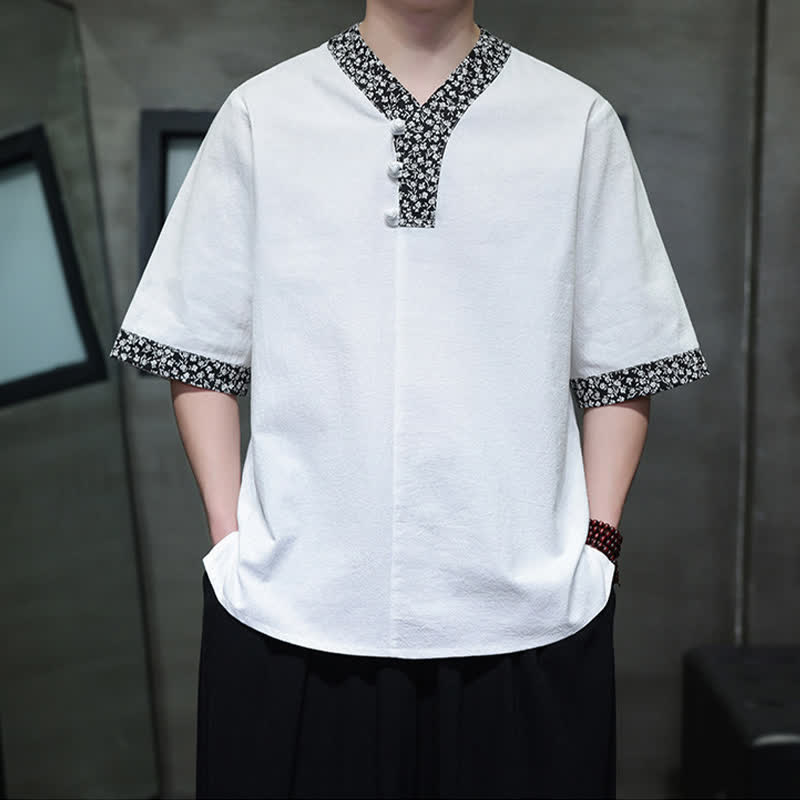 Nimara Ritual Summer Casual Mandarin Collar Frog Button Cotton Men's Short Sleeve Shirt