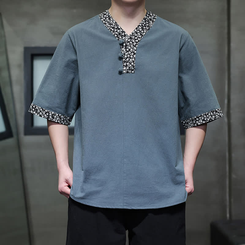 Nimara Ritual Summer Casual Mandarin Collar Frog Button Cotton Men's Short Sleeve Shirt